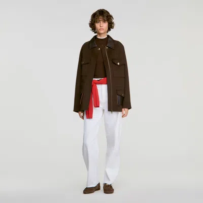 Sandro Double-faced Coat, Leather Collar In Brown