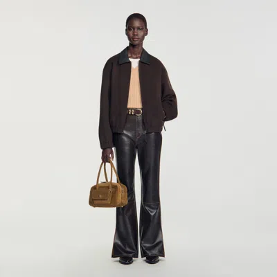 Sandro Double-faced Leather Collar Jacket In Brown