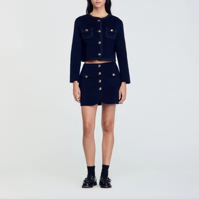 Sandro Double-faced Short Wool Skirt In Navy Blue