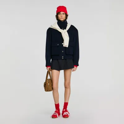 Sandro Double-faced Standing Collar Coat In Navy Blue