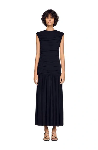 Sandro Azalea Draped Maxi Dress In Black