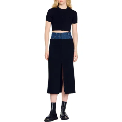 Sandro Dual-material Denim And Tweed Skirt In Black