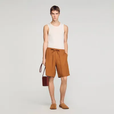 Sandro Elastic Waist Linen Shorts In Brown