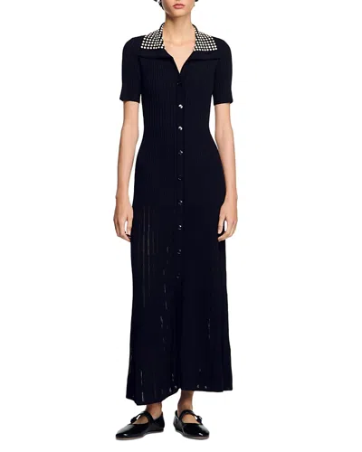 Sandro Elonie Studded Collar Button Front Dress In Black