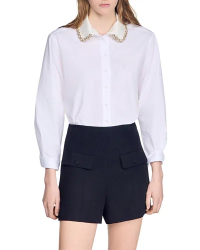 Sandro Ema Cotton Jeweled Collar Shirt In White
