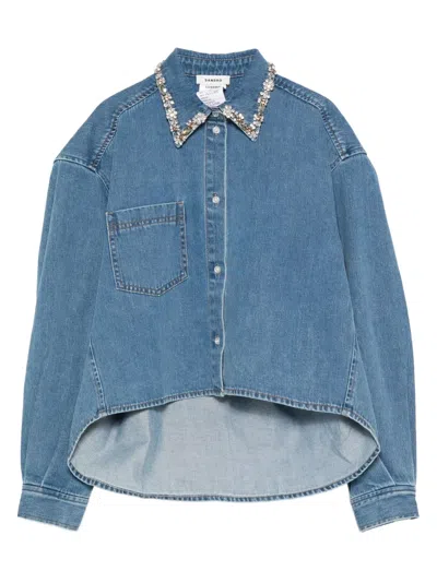 Sandro Embellished-collar Denim Shirt In Blue