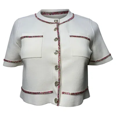 Sandro Embellished Knit Button-down Crop Top In White Viscose