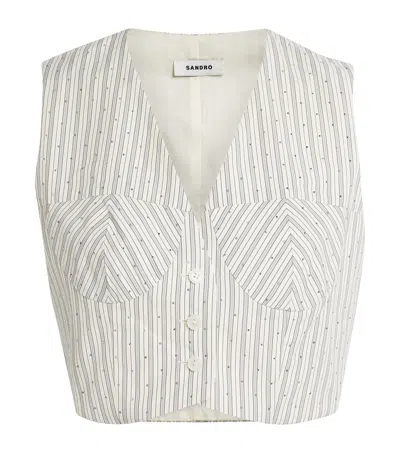 Sandro Embellished Stripe Crop Top In Gray