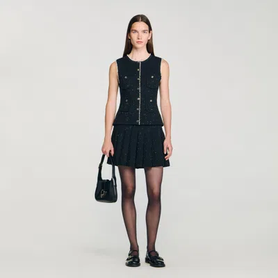 Sandro Embellished Tweed Vest Top In Black