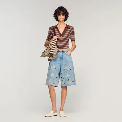 Sandro Embroidered Bermuda Shorts In Blue