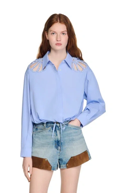 Sandro Embroidered Cotton Shirt In Blue
