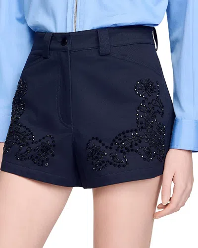 Sandro Embroidered Cotton Shorts In Blue
