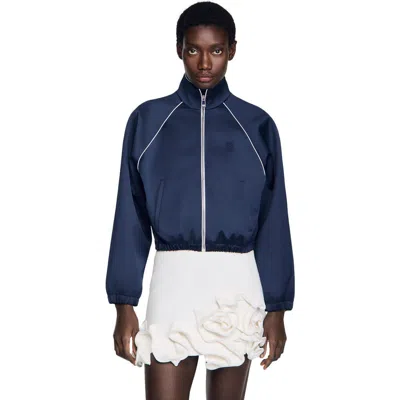 Sandro Embroidered Cropped Satin Jacket In Blue