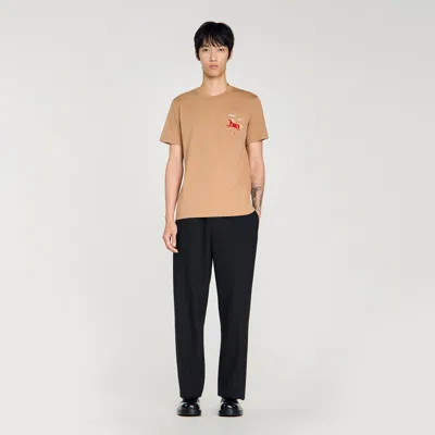 Sandro Embroidered Horse Cotton T-shirt In Nude