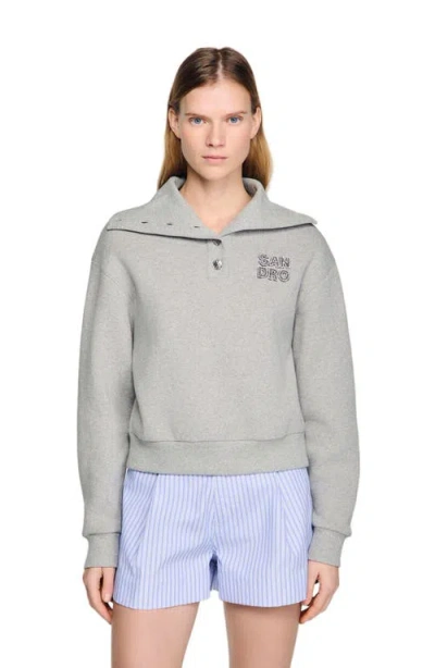 Sandro Embroidered Split Neck Sweatshirt In Gray