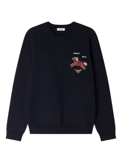 Sandro Embroidery Round-neck Sweatshirt In Blue