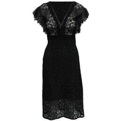 Sandro Emeline V-neck Lace Midi Dress In Navy Blue Cotton In Black