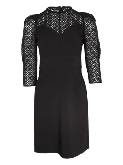 Pre-owned Sandro Emila Lace-trimmed Quarter-sleeve Dress In Black