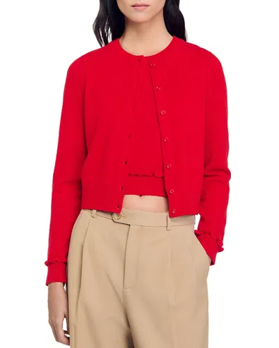 Sandro Emile Ruffled Cardigan In Red