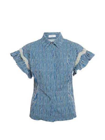 Pre-owned Sandro Erine Striped Pearl-embellished Shirt In Blue