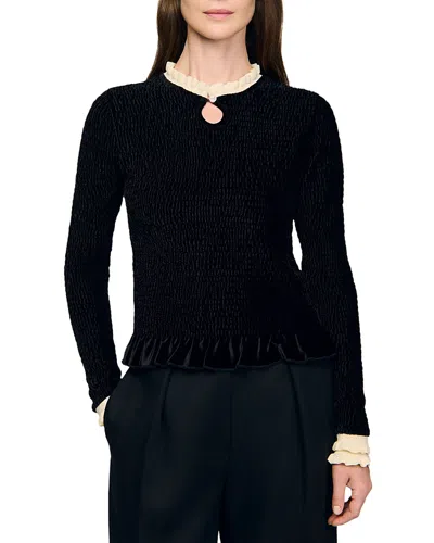 Sandro Eugenie Smocked Velvet Top In Black