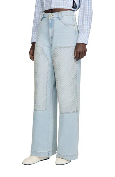 Sandro Faded Straight Crystal Patch Jeans In Blue