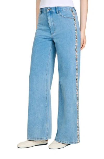 Sandro Faded Straight-leg Rhinestone Jeans In Blue