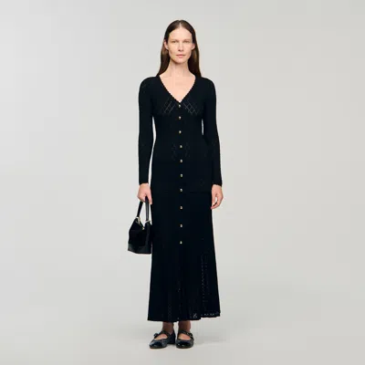Sandro Womens Black Round-neck Button-down Stretch-knit Maxi Dress