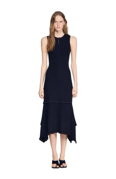 Sandro Fancy Pointelle Dress In Blue