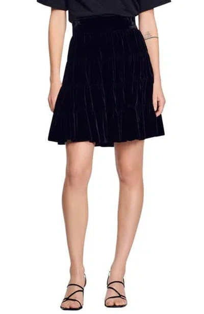 Sandro Fanfan Velour Skater Skirt In Blue