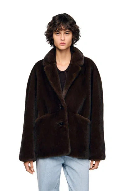 Sandro Faux Fur Coat Jacket In Brown
