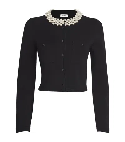 Sandro Faux Pearl Collar Cardigan In Black