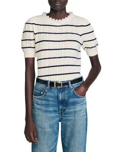 Sandro Faux Pearl Collar Striped Sweater In White