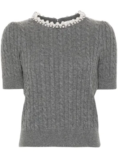 Sandro Faux-pearl Detail Cable-knit Jumper In Noir / Gris