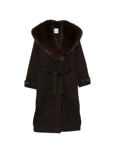 Sandro Faux-fur Collar Belted Coat In Brown