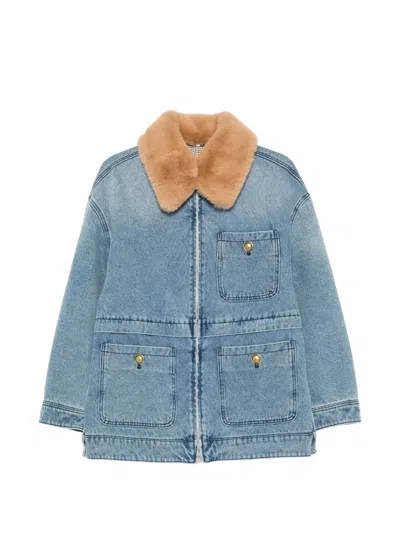 Sandro Faux-fur-collar Denim Coat In Blue