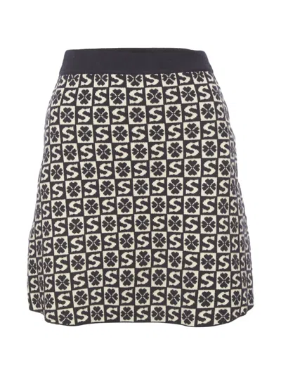 Pre-owned Sandro Felicie Monogram Flared Mini Skirt In Black