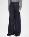 Sandro Felix Wide Leg Checked Wool Suit Trousers In Dark Grey