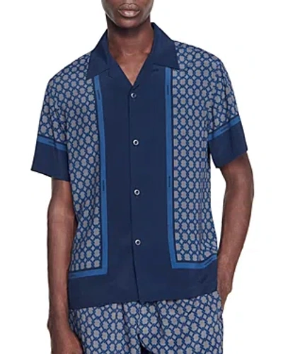 Sandro Fence Print Short Sleeve Button-up Shirt In Navy Blue