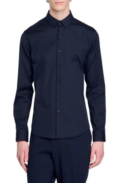 Sandro Seamless Stretch Button Up Shirt In Navy Blue