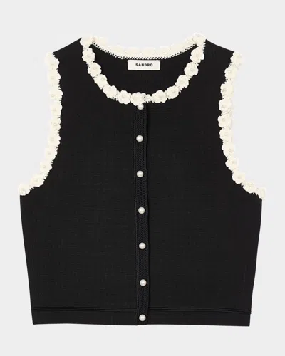 Sandro Fleuri Embellished Sleeveless Cardigan In Noir / Gris