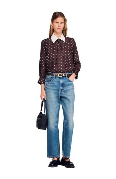 Sandro Geometric-print Tie-neck Shirt In Brown