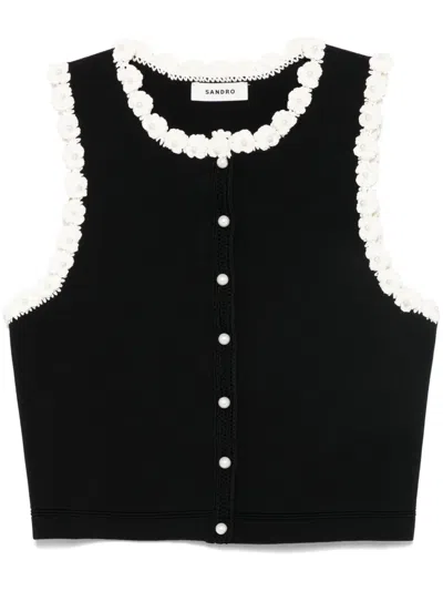 Sandro Floral-appliqué Tank Top In Black