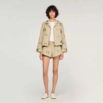 Sandro Floral Embroidered Striped Shorts In Green