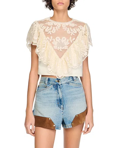 Sandro Floral Guipure Crop Top In Neutral