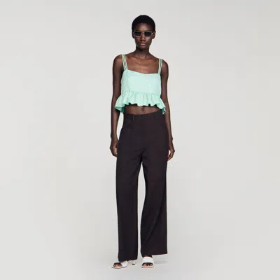 Sandro Womens Light Green Ruffled Floral Jacquard Linen-blend Crop Top In Blue