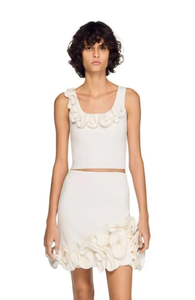 Sandro Calice Floral Knit Crop Top In White