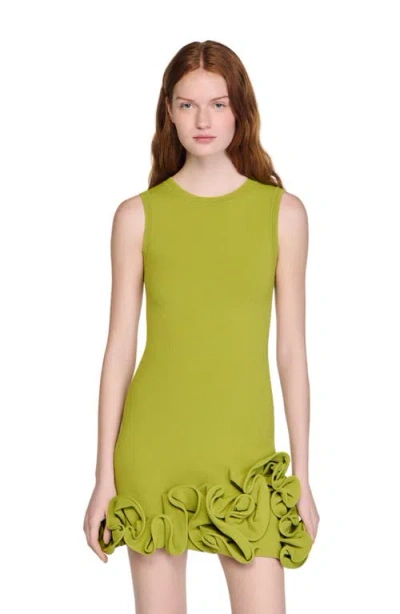 Sandro Ruffled Knitted Mini Dress In Green