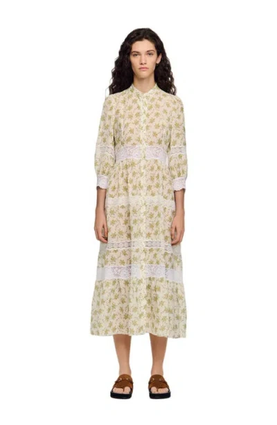 Sandro Floral Lace Trim Maxi Dress In Neutral