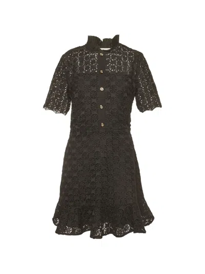 Pre-owned Sandro Floral Lace Plissé Mini Dress In 黑色